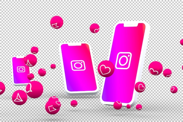 Instagram icon on screen smartphone or mobile and instagram reactions love 3D render