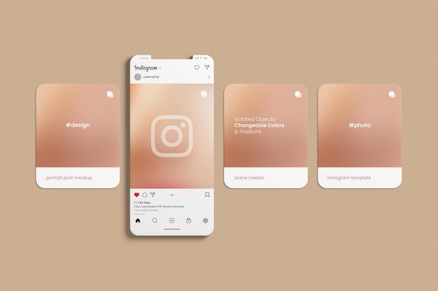 Instagram interface and post mockup on clay mobile phone screen