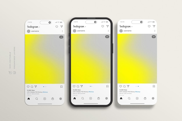 Instagram post and interface mockup with clay smartphone screen