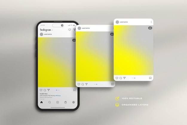 Instagram post and interface mockup with clay smartphone screen