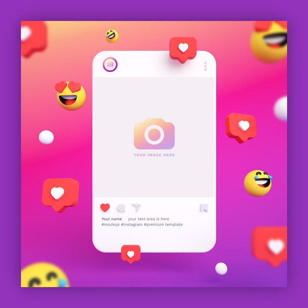 Instagram post mockup 3d with emojis and heart icons 