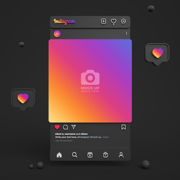 Instagram post mockup for social media with 3d dark interface and instagram feed