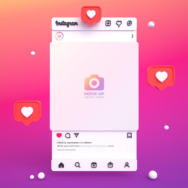 Instagram post mockup for social media with 3d light interface and instagram feed