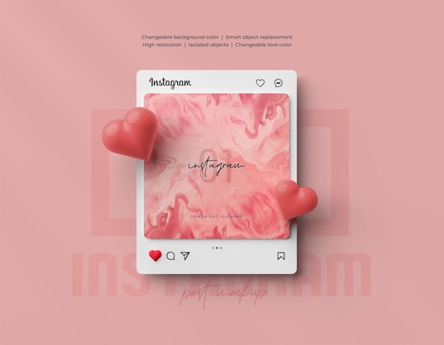 Instagram post mockup with 3d heart emoji isolated