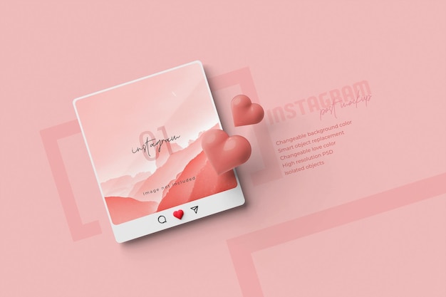 Instagram post mockup with 3d heart emoji isolated