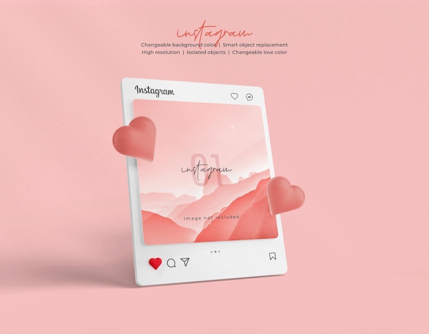 Instagram post mockup with 3d heart emoji isolated