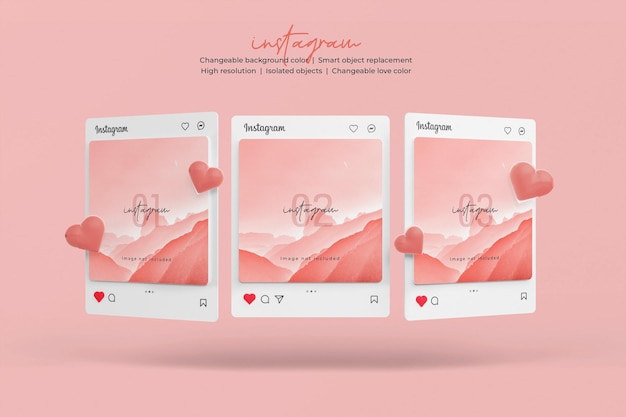 Instagram post mockup with 3d heart emoji isolated