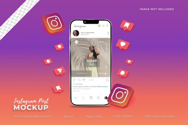 Instagram post on smartphone mockup with 3d icons