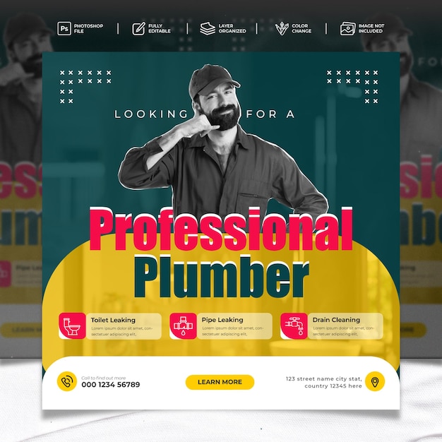 Instagram post template with plumber theme social media design