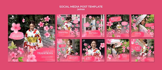 Instagram posts collection for traveling to japan with woman and cherry blossom