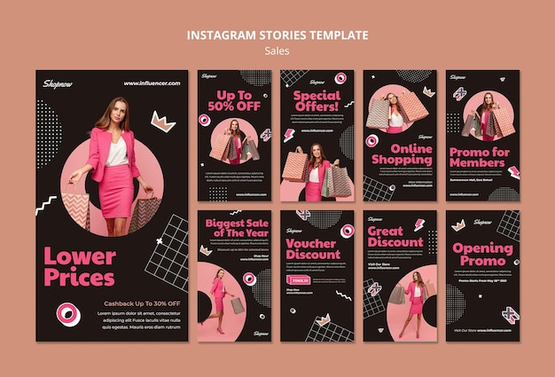 Instagram stories collection for sales with woman in pink suit