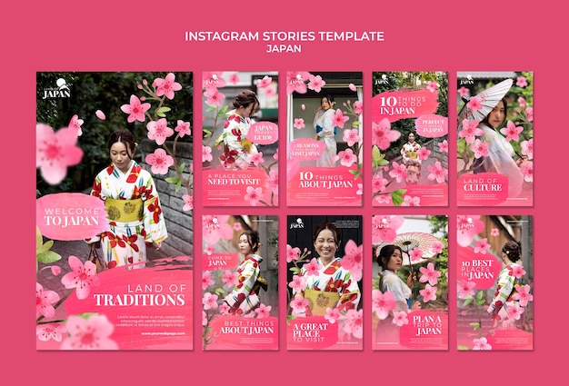 Instagram stories collection for traveling to japan with woman and cherry blossom