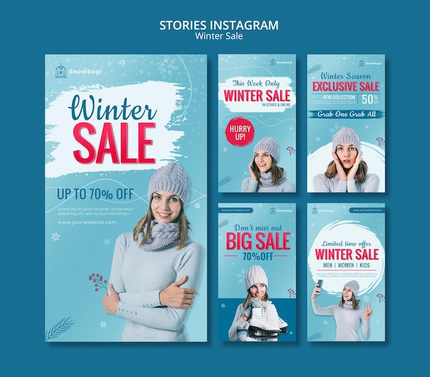 PSD instagram stories collection for winter sale with woman and snowflakes