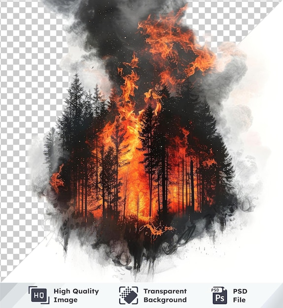 Intense orange flames and billowing smoke in highquality transparent PSD forest fire