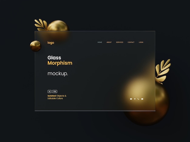 Interface presentation mockup with frosted glass morphism effect and golden 3D Geometric objects