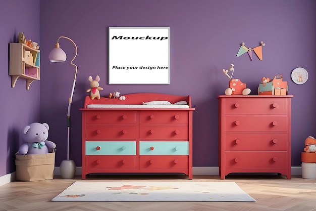 The interior of a beautiful childrens room with a red chest of drawers