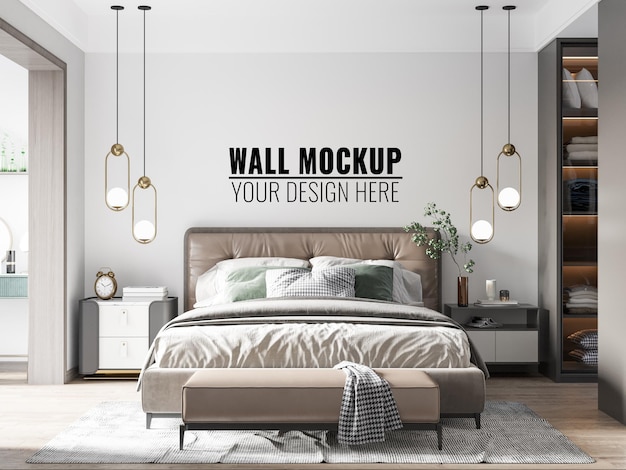 Interior Bedroom Wall Mockup - 3d Rendering