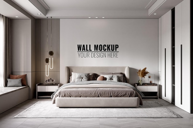 Interior Bedroom Wall Mockup, 3D rendering