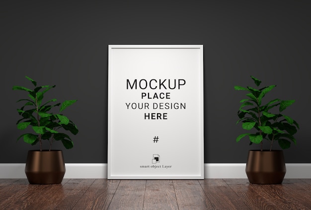 Interior blank photo frame mockup with plant pot