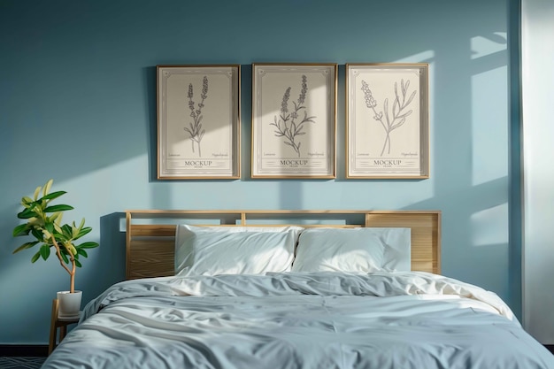 Interior decor setup with bed and frames on wall