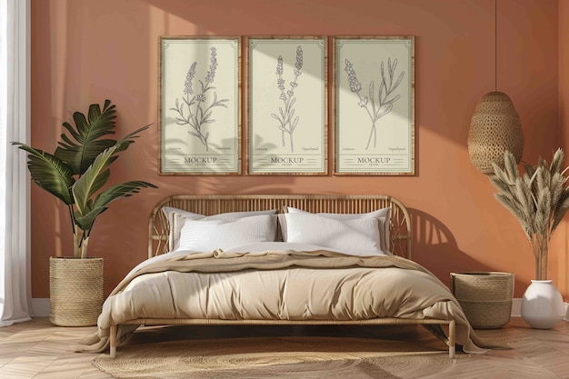 PSD interior decor setup with bed and frames on wall