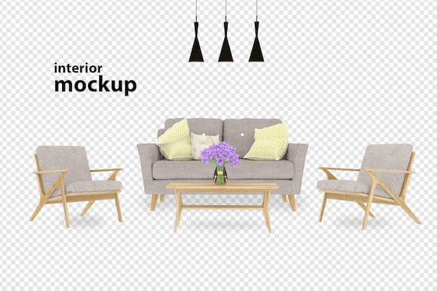 Interior decoration set in 3d rendering isolated