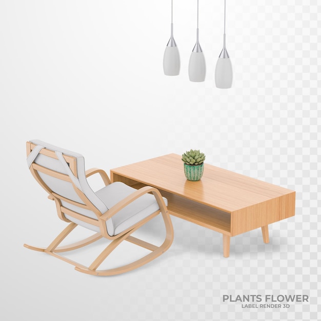 Interior decoration set in chair and table with plants 3d rendering