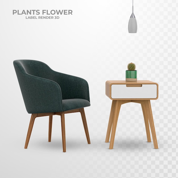 Interior decoration set in chair and table with plants 3d rendering