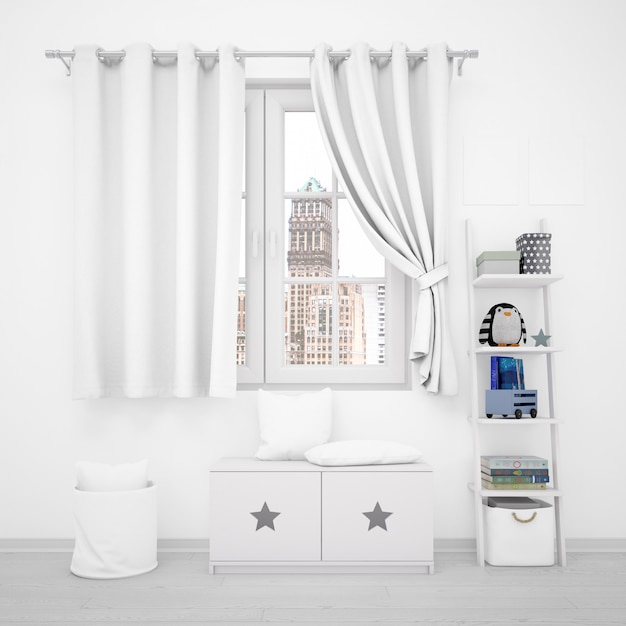 Interior decoration, window and white furniture with children's toys