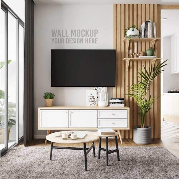 Interior Living Room Wall Background Mockup with TV and Cabinet Decoration