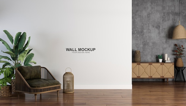 Interior living room wall mockup design in 3d rendering