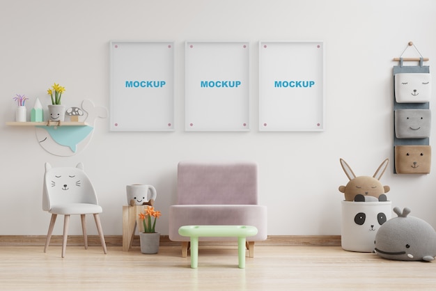 Interior mockup nursery room with wall frame mockup.3d rendering