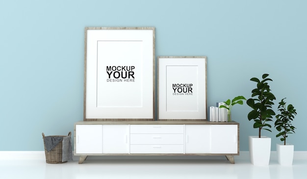 Interior mockup of photo frame on wall in 3d rendering