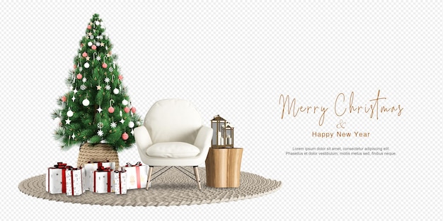 Interior modern living room has Christmas tree and armchairin 3d rendering