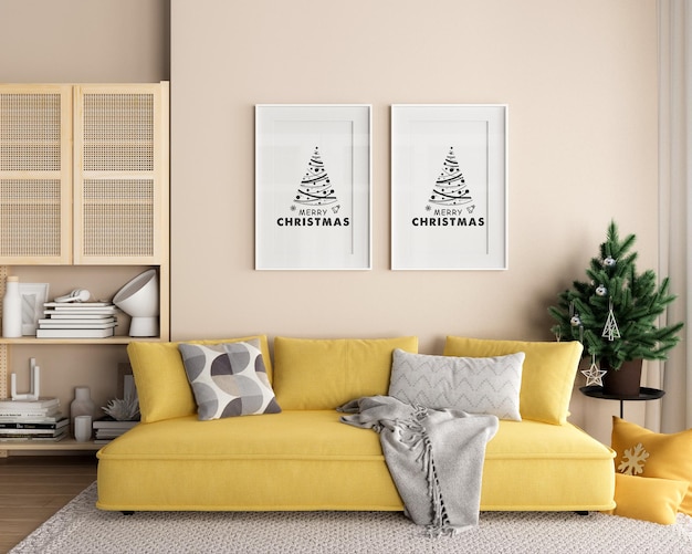 Interior poster mock up with Christmas tree