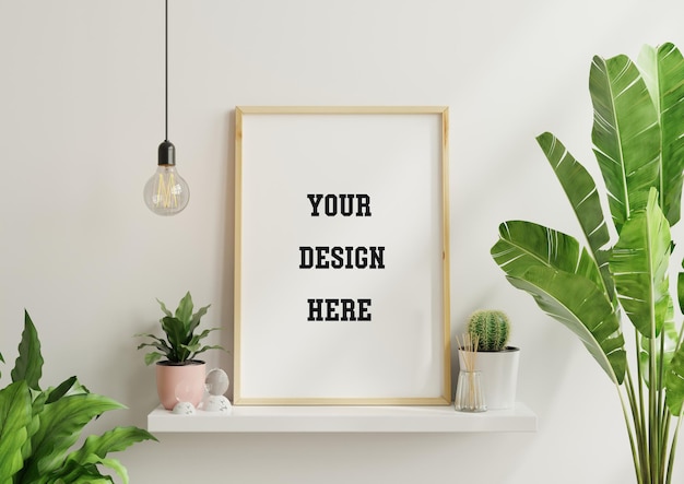 Interior poster mock up with vertical empty wooden frame