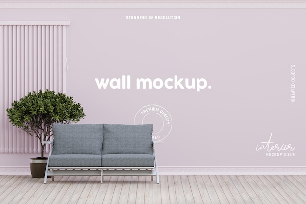 Interior wall mockup decorated with sofa and indoor plant in living room