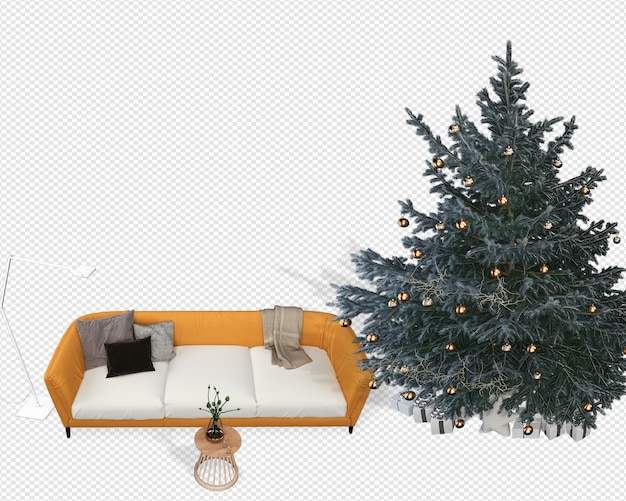 Interior with decorated christmas tree and sofa