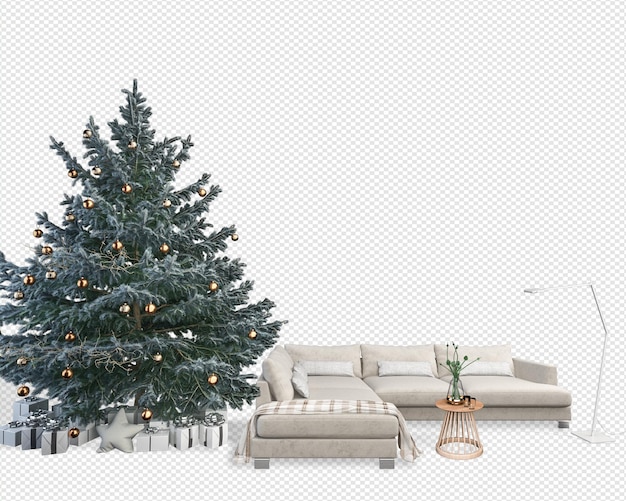 Interior with decorated christmas tree and sofa