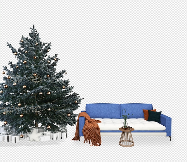 Interior with decorated christmas tree and sofa