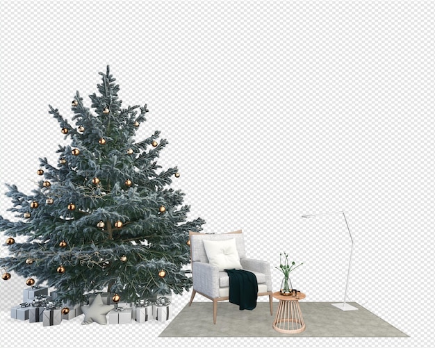 Interior with decorated christmas tree and sofa