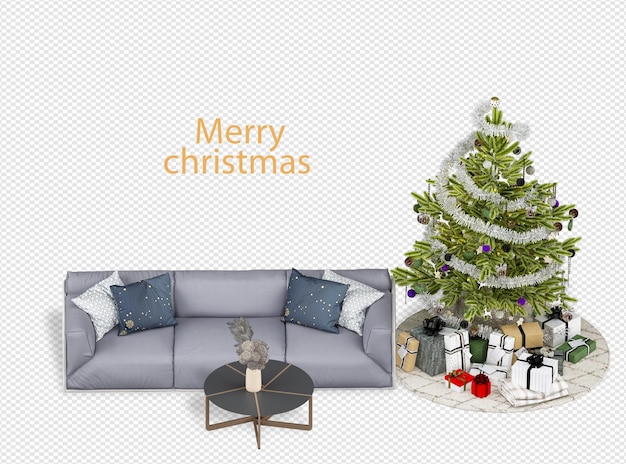 Interior with decorated christmas tree and sofa