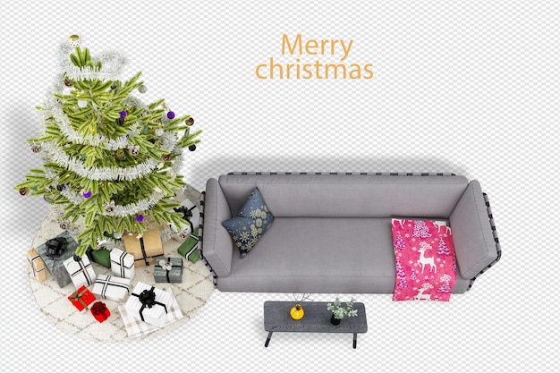 Interior with decorated christmas tree and sofa