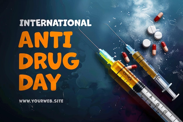 PSD international antidrug day banner template with a background of drugs and syringes