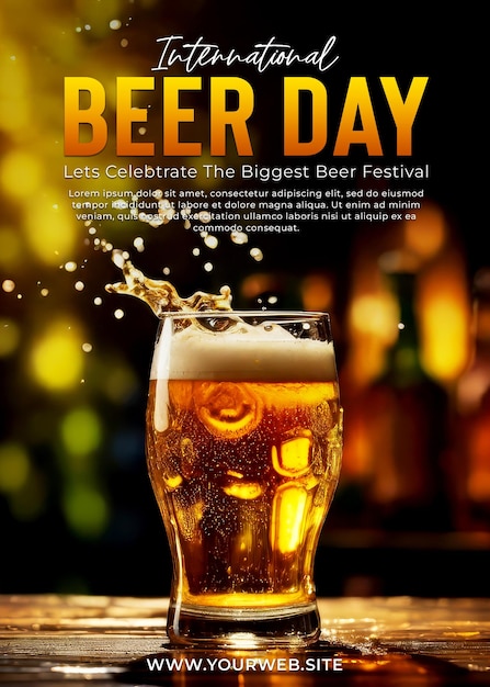 International beer day greeting poster with a glass of beer as a background