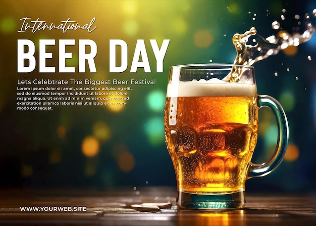 International beer day greeting poster with a glass of beer as a background