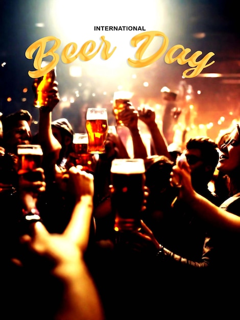 PSD international beer day poster with beer on a table with party people in the background