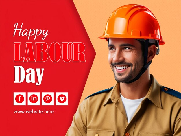 PSD international labor day post design template with orange helmet and khaki worker uniform smiles