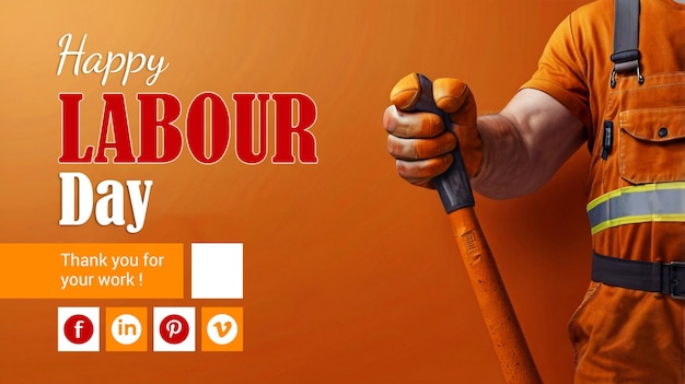 PSD international labor day post design template with orange helmet and khaki worker uniform smiles