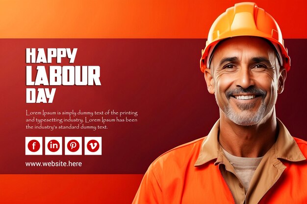 PSD international labour day social media post with orange helmet and khaki worker uniform smiles